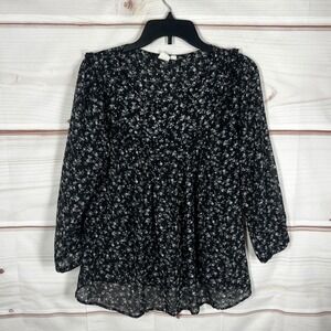 Gap Floral Blouse Women Small Black Sheer Ruffle Pintuck Long Sleeve Top Woven‎